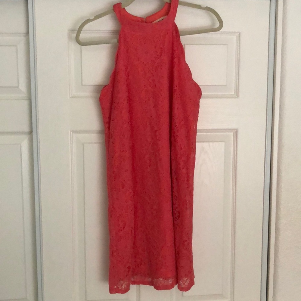 Coral Lace Halter Scalloped Lace Shift Dress M